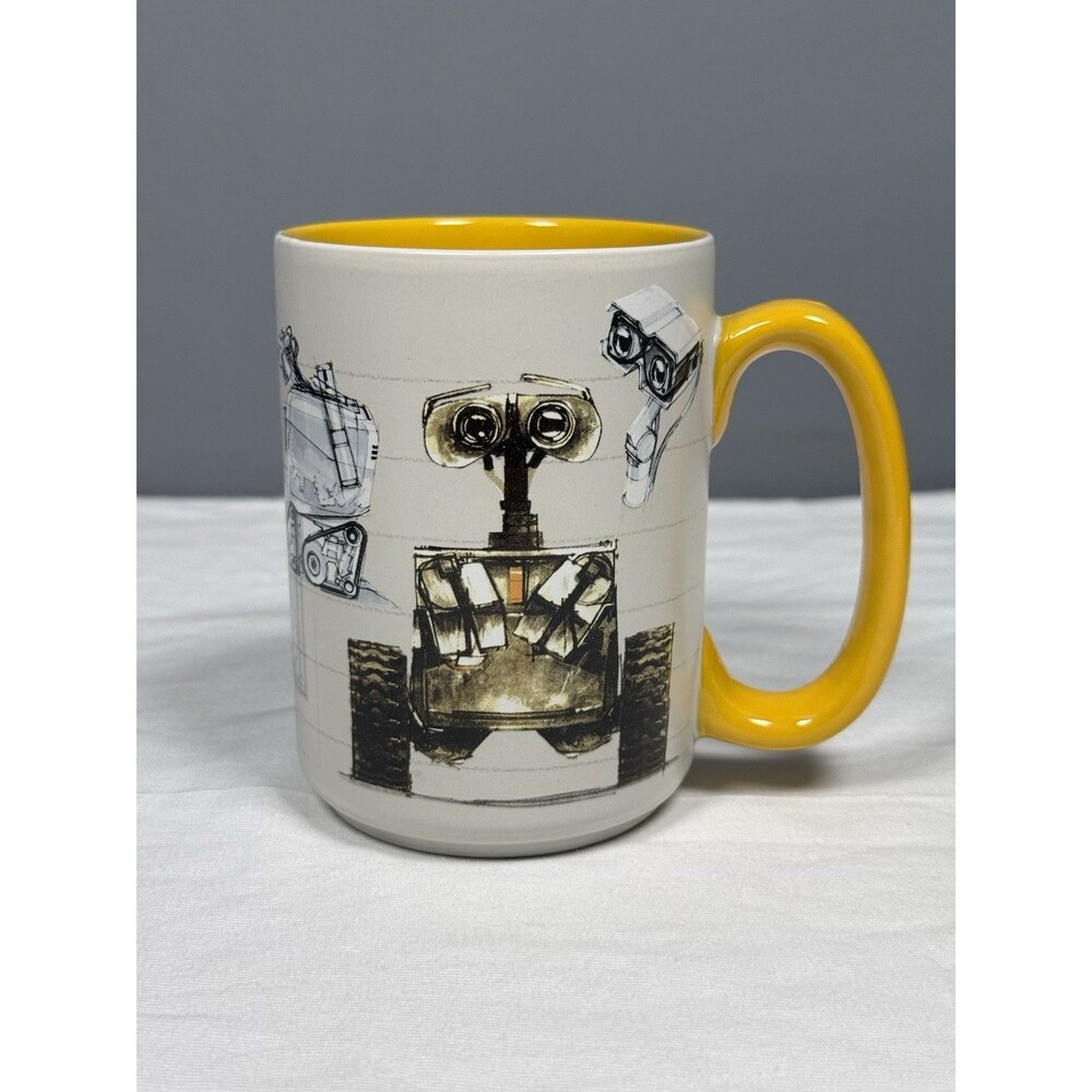 Disney Store WALL-E Concept Art Sketch Mug Pixar Robot Yellow Ceramic Coffee Cup
